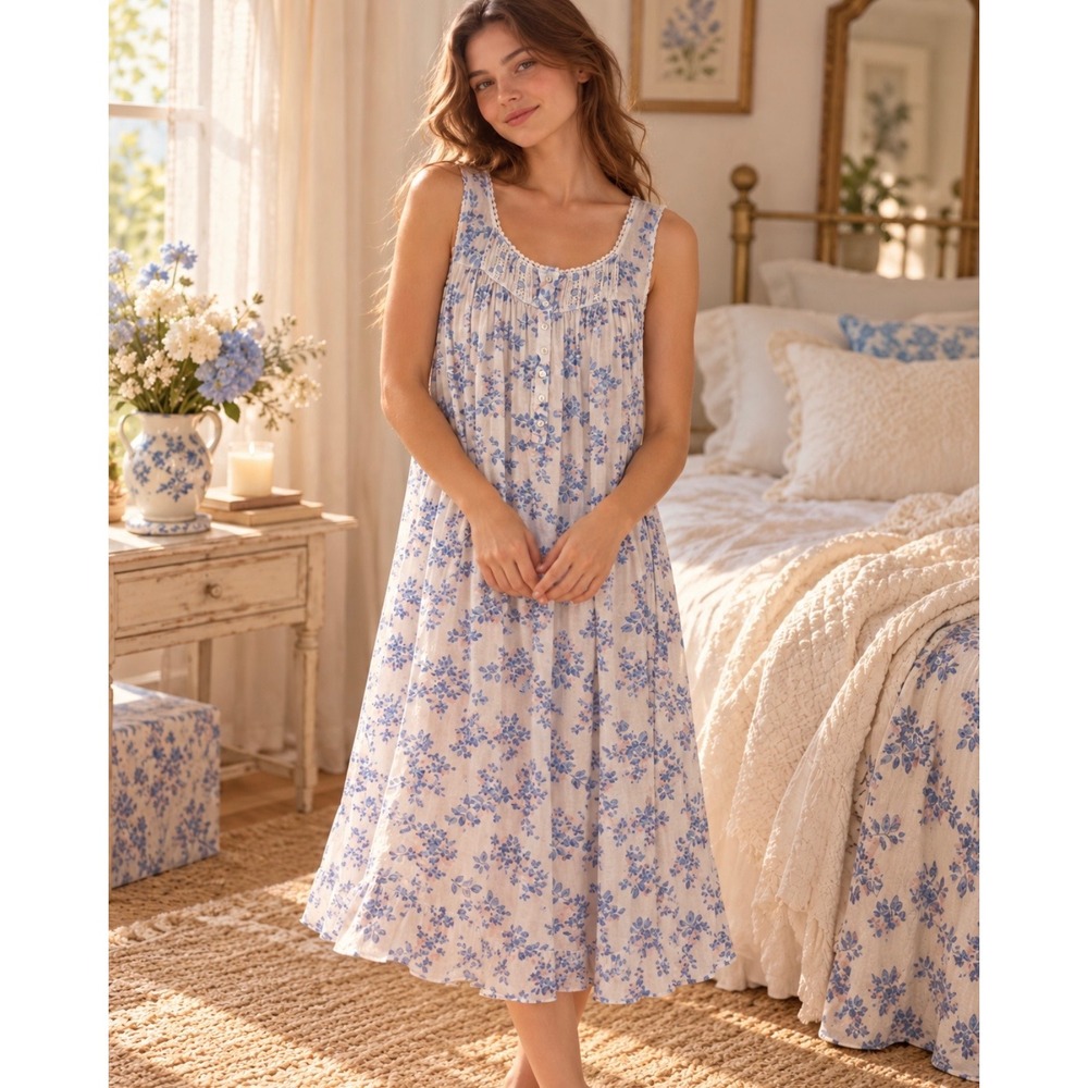 Eileen West Blue Floral Lace Trim Midi Nightgown Size M Cotton Modal